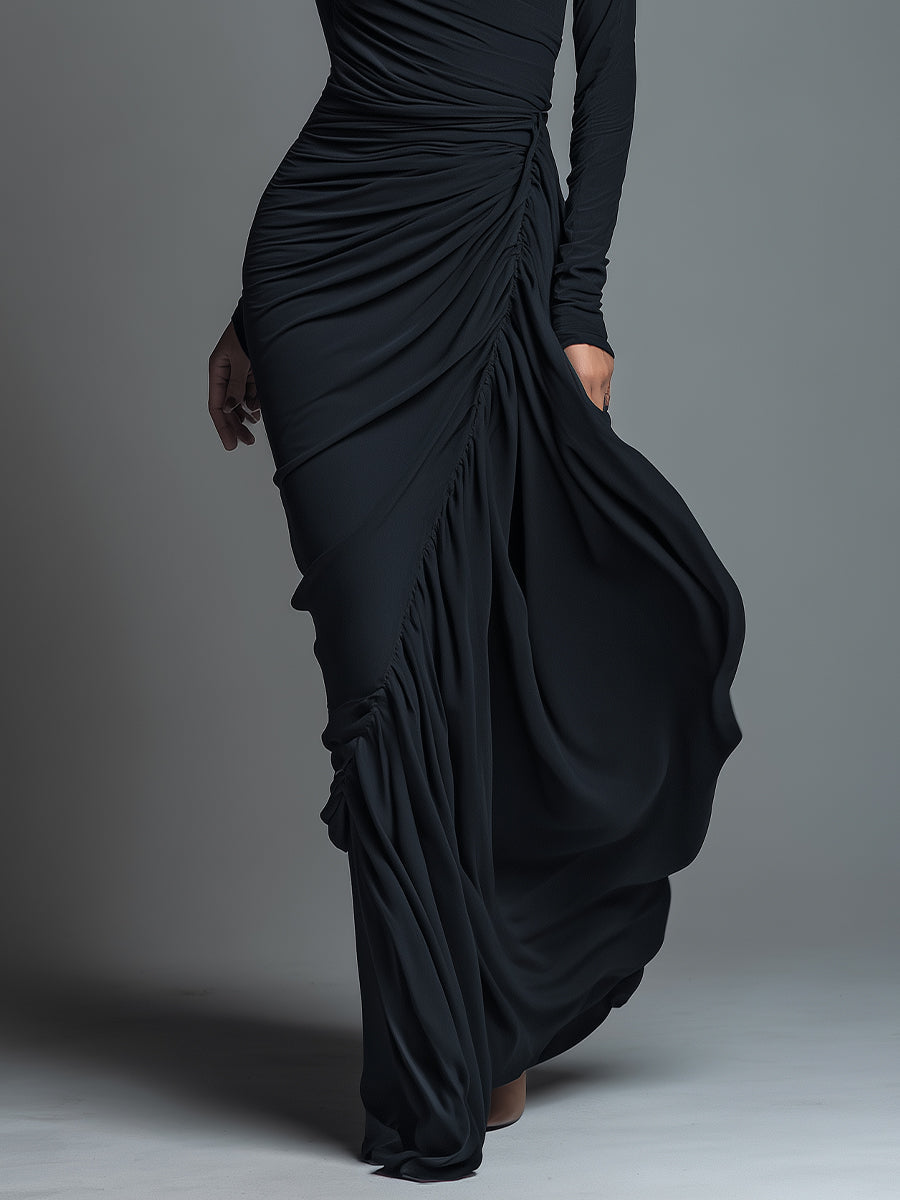 Dámské černé elegantní maxi šaty z džerseje s řasením