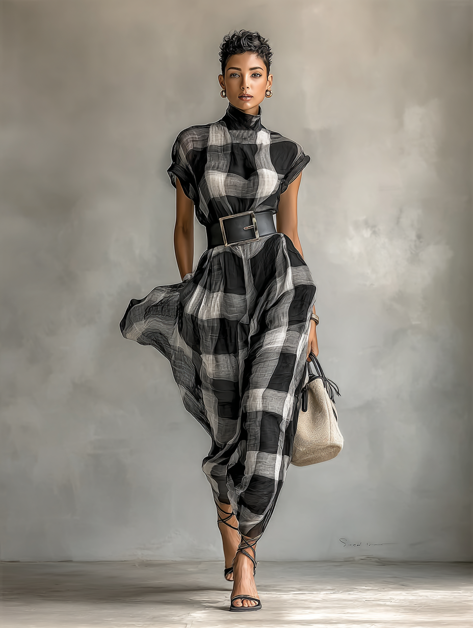Women's Plaid Cotton Blend High Collar Short Sleeve Belt Maxi Dress