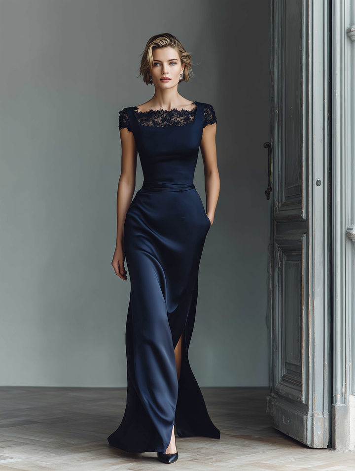 Women's Navy Blue Satin Maxi Dress With Lace Neckline