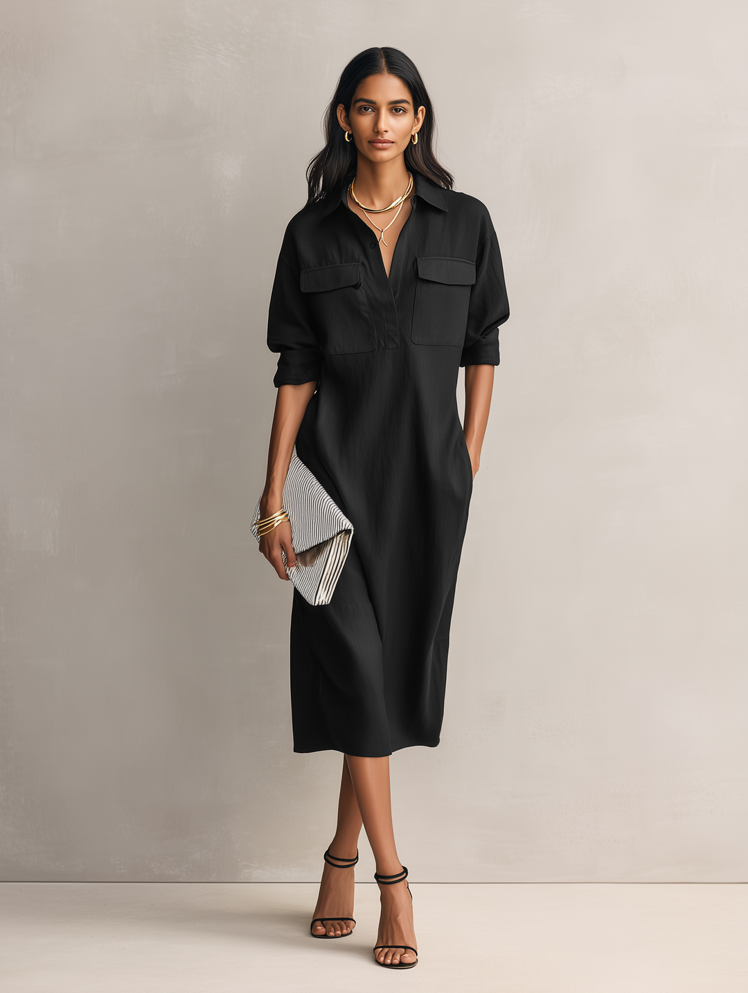 Vestido midi de mujer elegante de cuello camisero y manga corta en mezcla de algodón y lino negro
