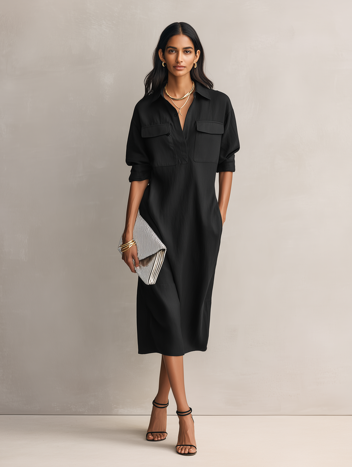Vestido midi de mujer elegante de cuello camisero y manga corta en mezcla de algodón y lino negro