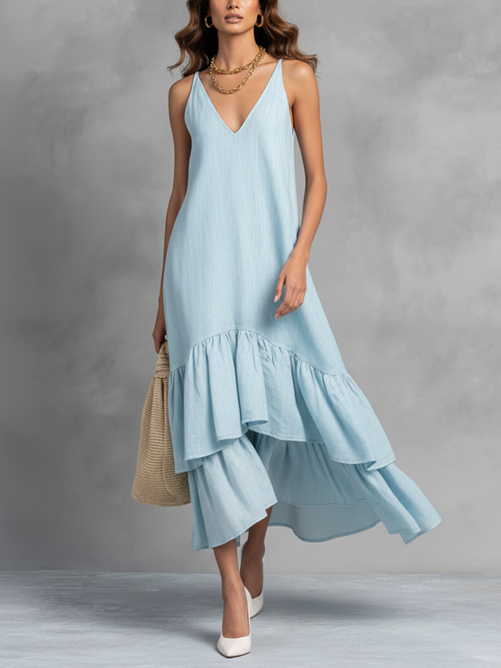 Vestido Longo Feminino Azul Claro em Algodão e Linho, Sem Mangas, Decote V e Barra com Babados