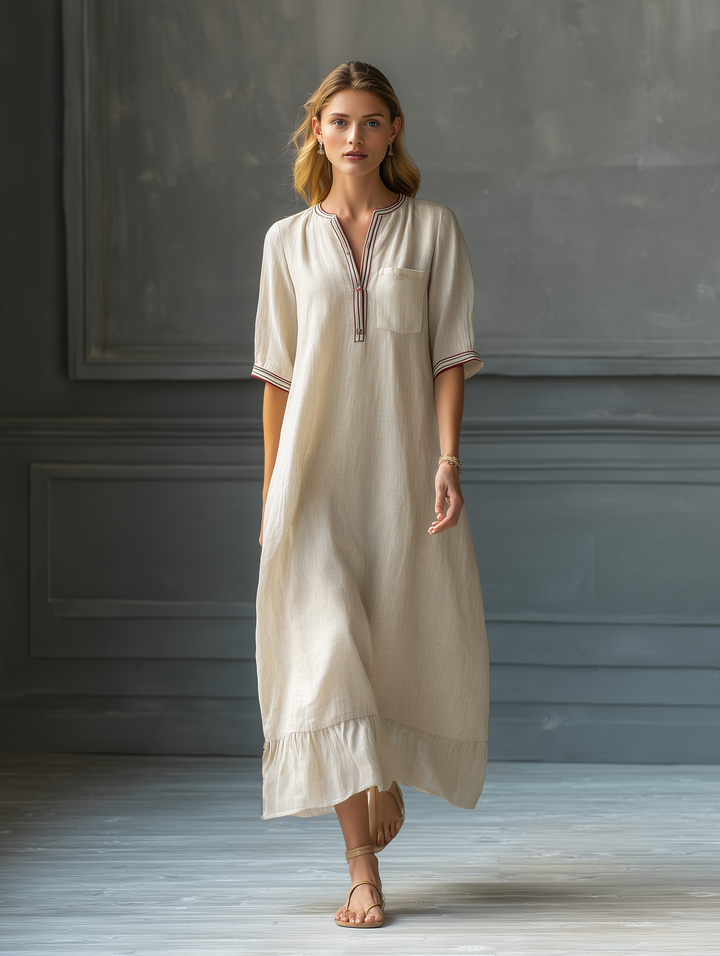 Women's Beige Linen Cotton Maxi Dress With Contrast Trim V-Neck & Ruffled Hem