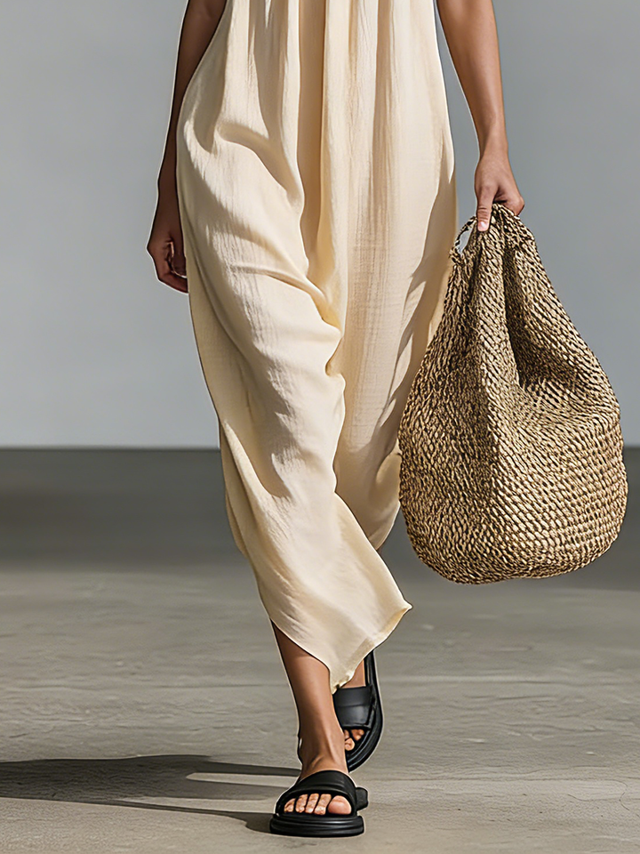 Women's Minimalist Linen Blend Dress With Ruffled Trim And Halter Neck
