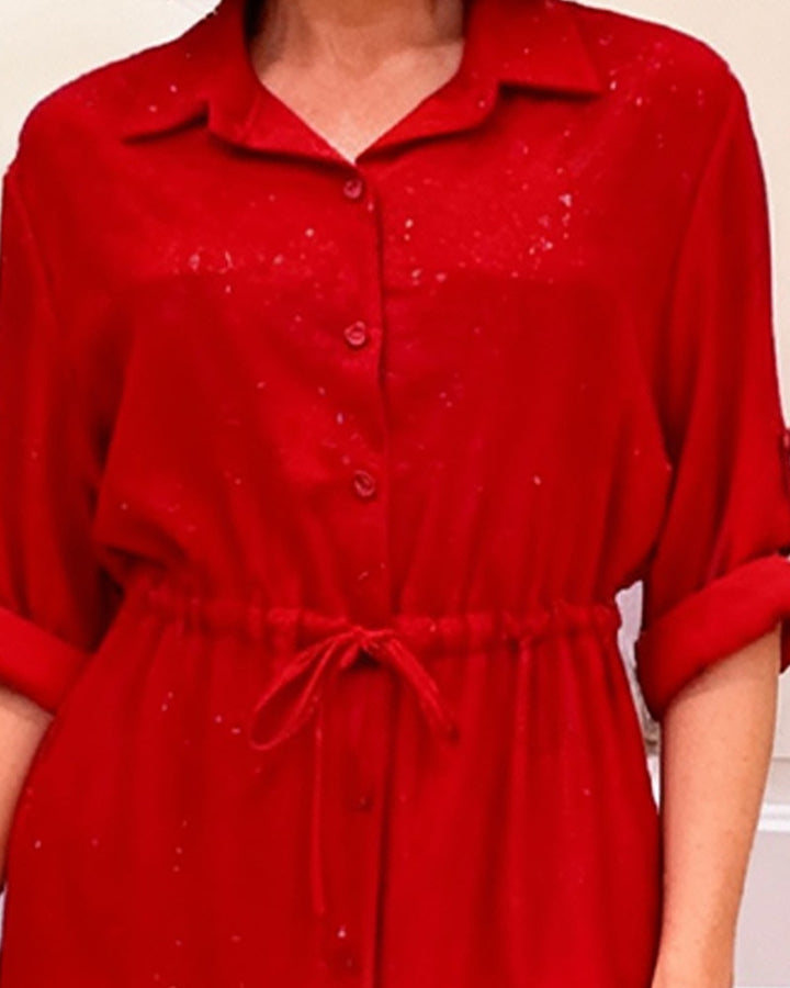 Shirt dress with a collar and waist tie