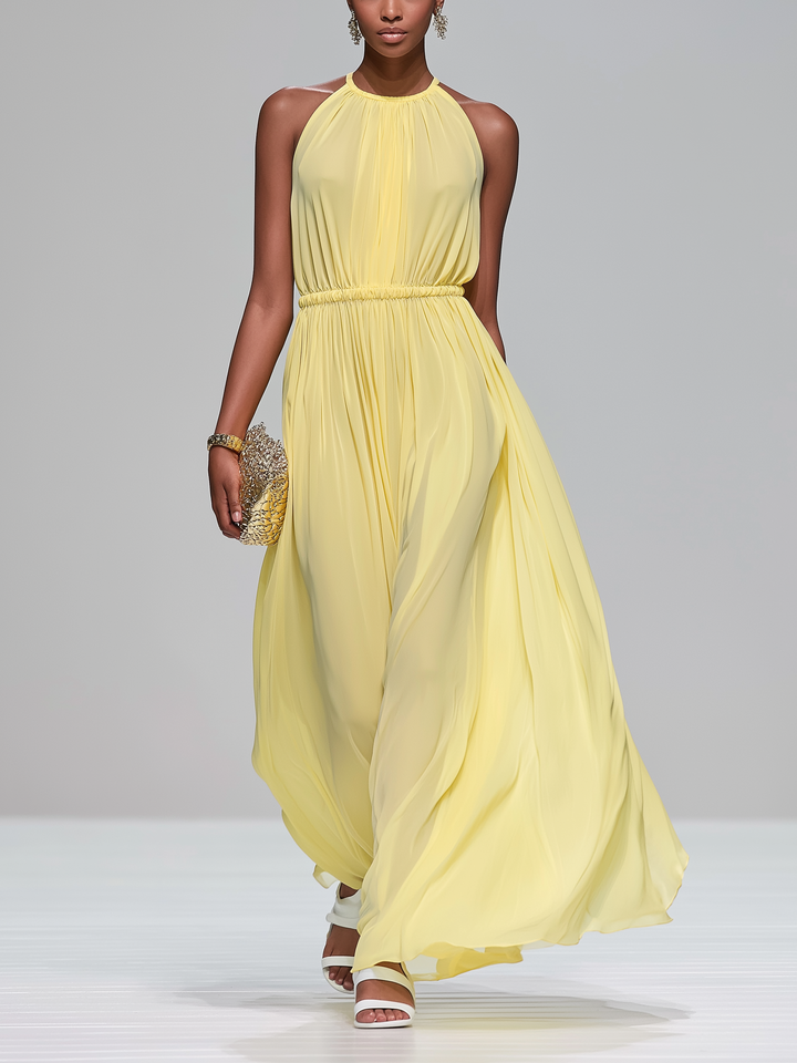 Robe longue élégante jaune clair en chiffon pour femme avec col rond et sans manches