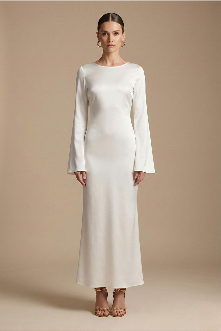 Maxivestido para mujer - Cuello barco - Manga acampanada - Lazos en la espalda