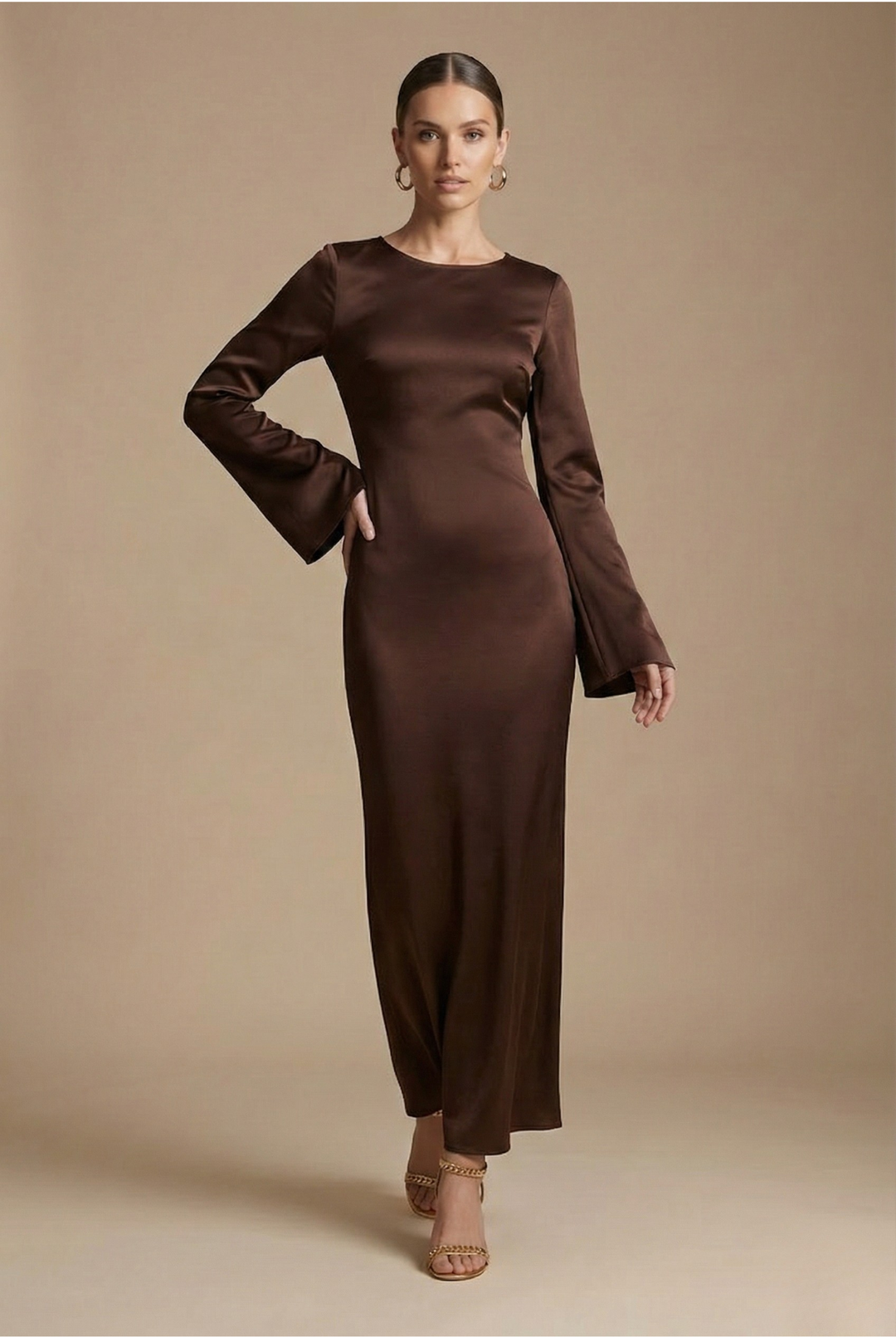 Maxivestido para mujer - Cuello barco - Manga acampanada - Lazos en la espalda