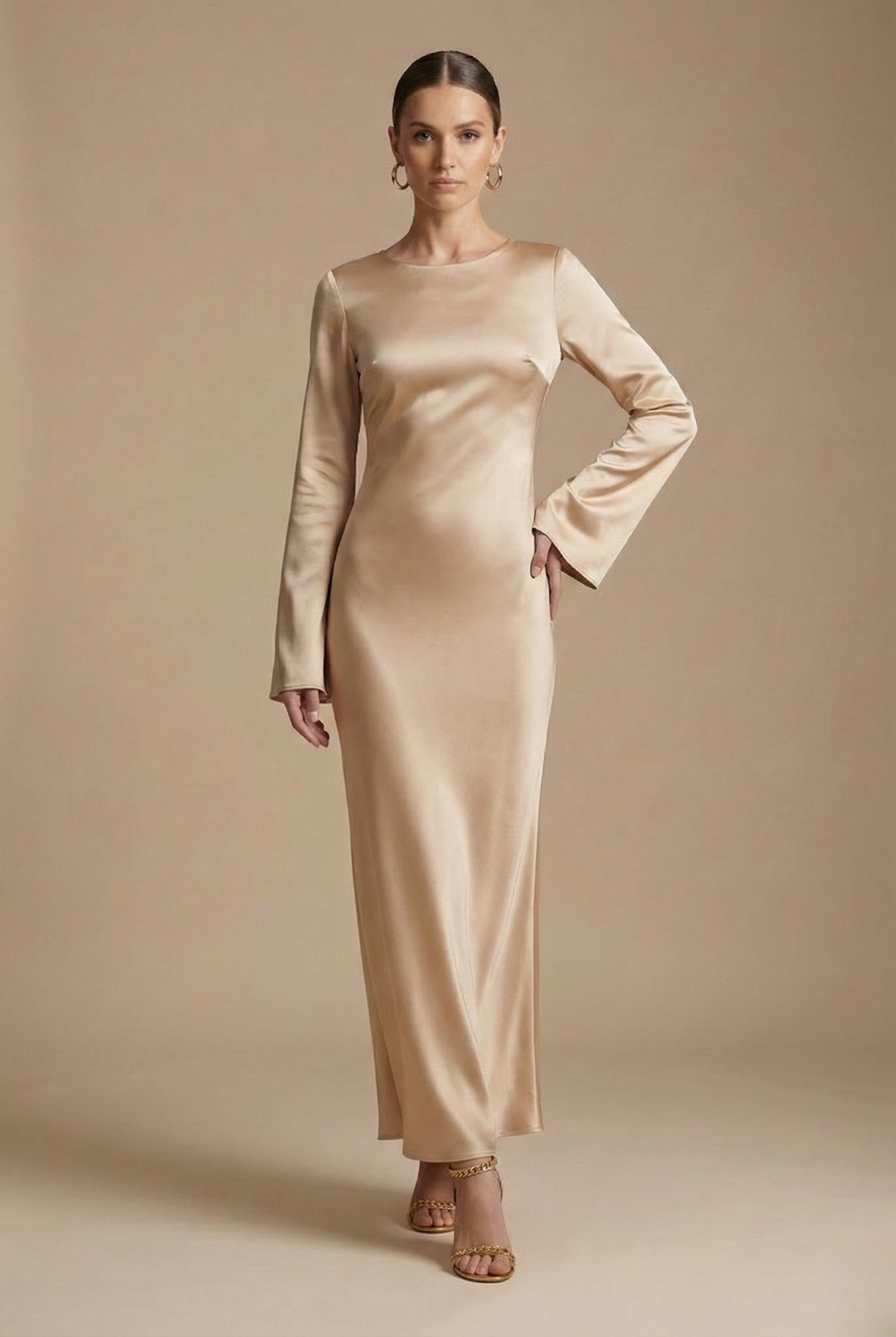 Maxivestido para mujer - Cuello barco - Manga acampanada - Lazos en la espalda