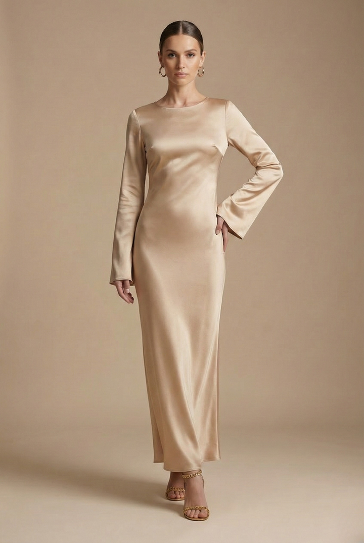 Maxivestido para mujer - Cuello barco - Manga acampanada - Lazos en la espalda