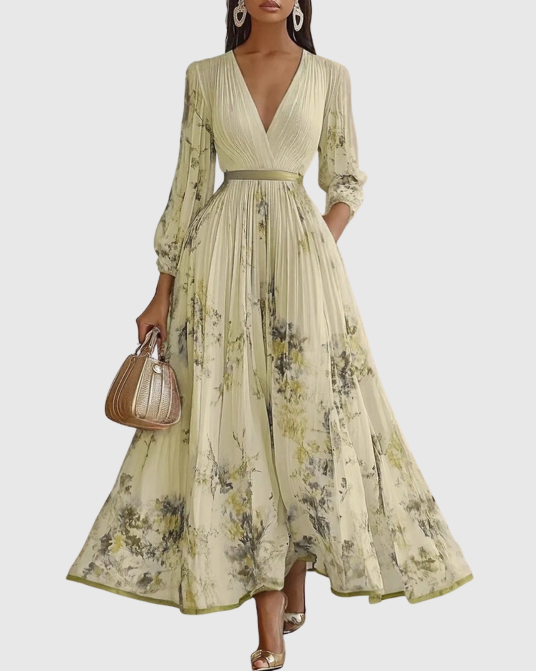 Women's Maxi Dress with V-Neck and Long Sleeves