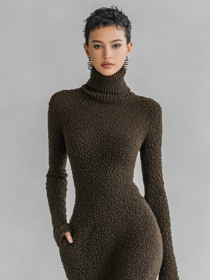 Robe midi ajustée en maille pelucheuse à col montant et fente latérale pour femme