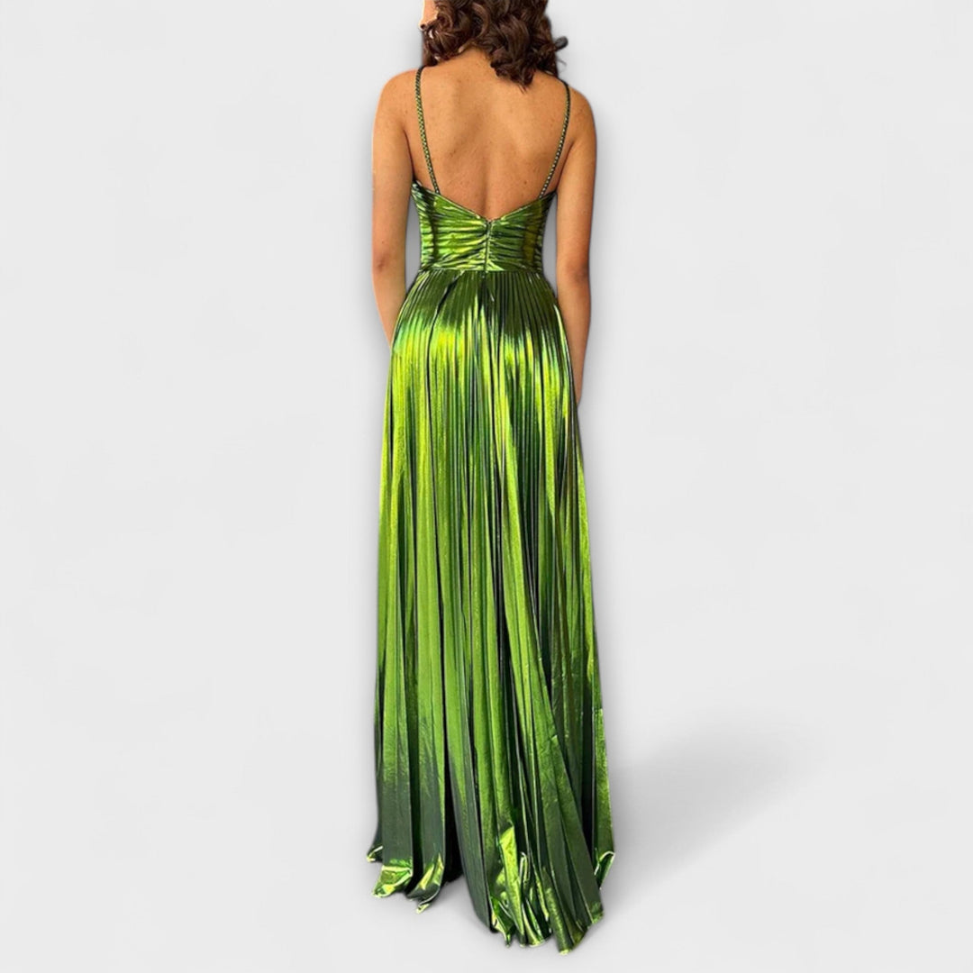 Vestido largo con tejido metálico