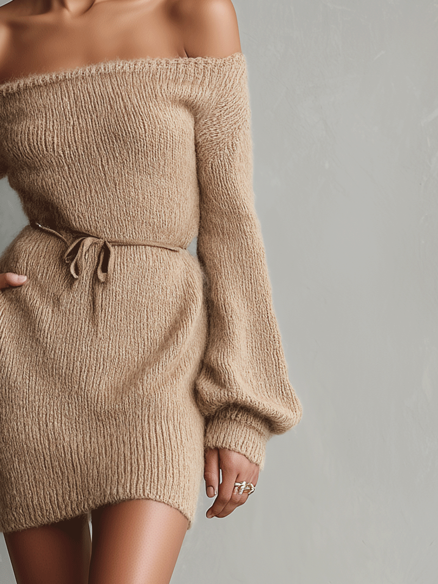 Robe mini femme camel élégante en maille duveteuse à épaules dénudées avec ceinture