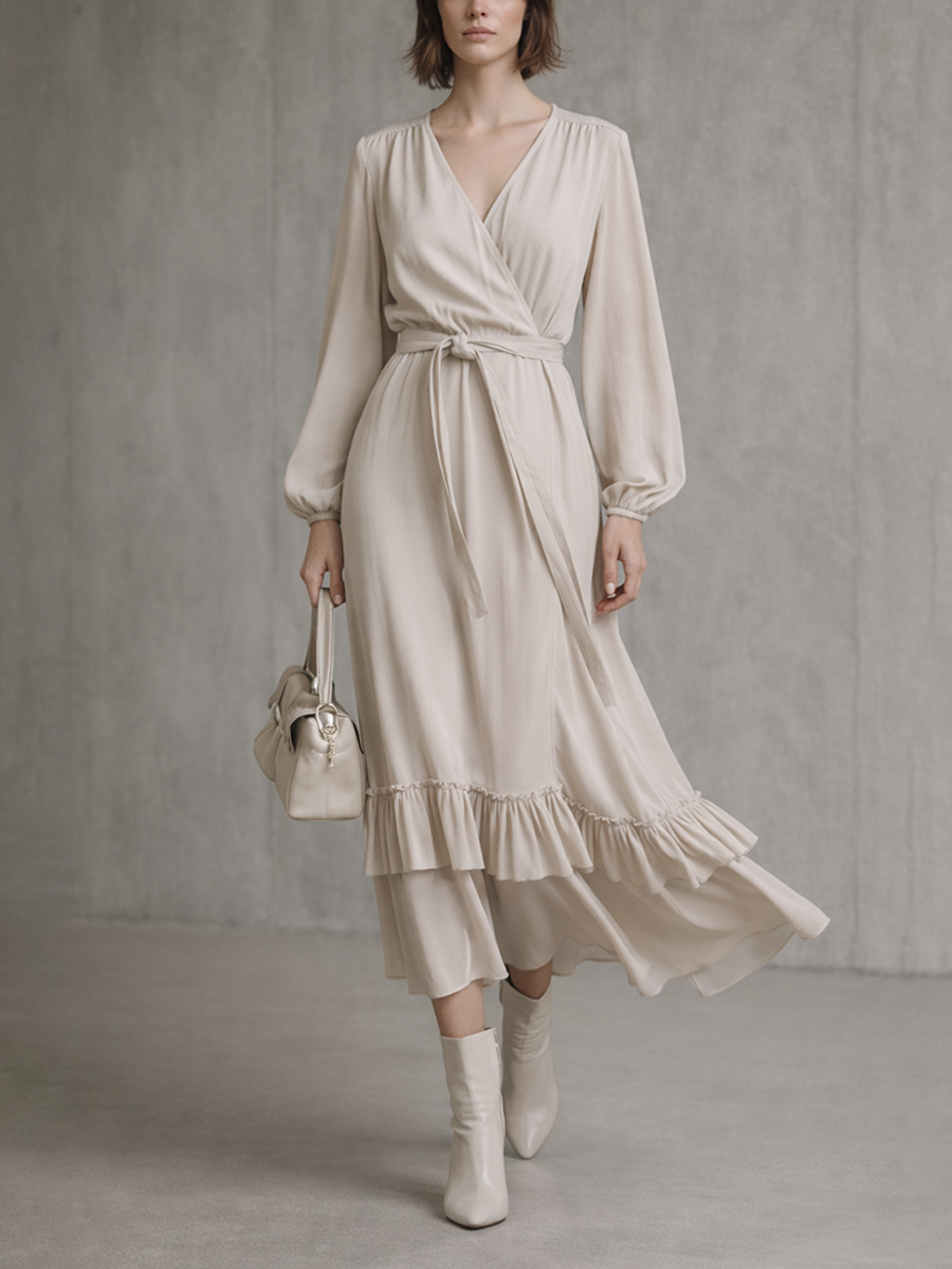 Women's Beige Cotton Blend Long-Sleeve Ruffled Wrap Midi Dress – Linda & Edward