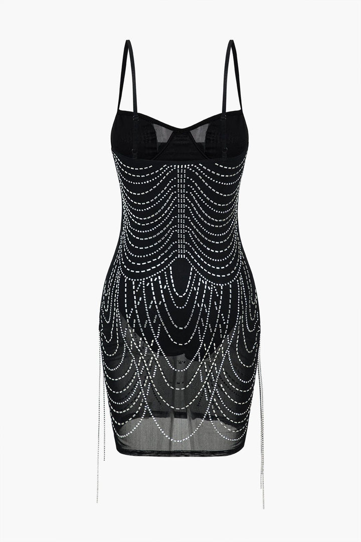 Celeste | Mini Vestido de Malla con Adornos de Diamantes de Imitación – Glamour Brillante para Noches Inolvidables