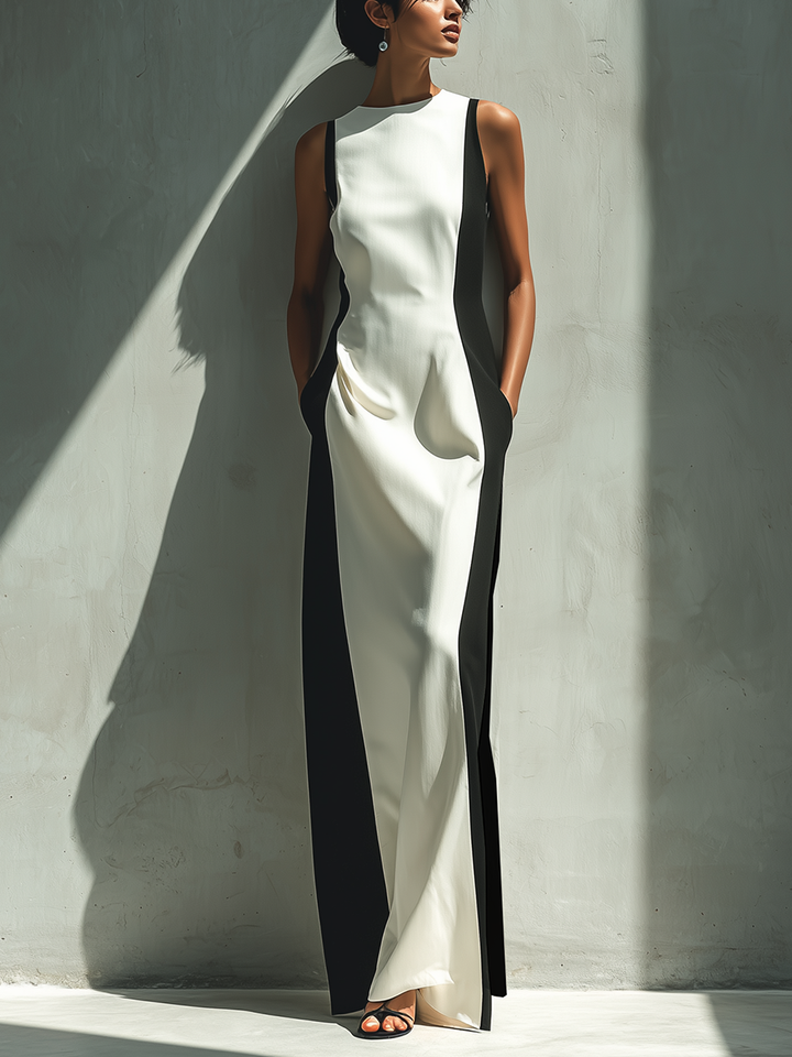 Women's Black And White Color Block Sleeveless Maxi Dress With Fitted Bodice & Side Pockets