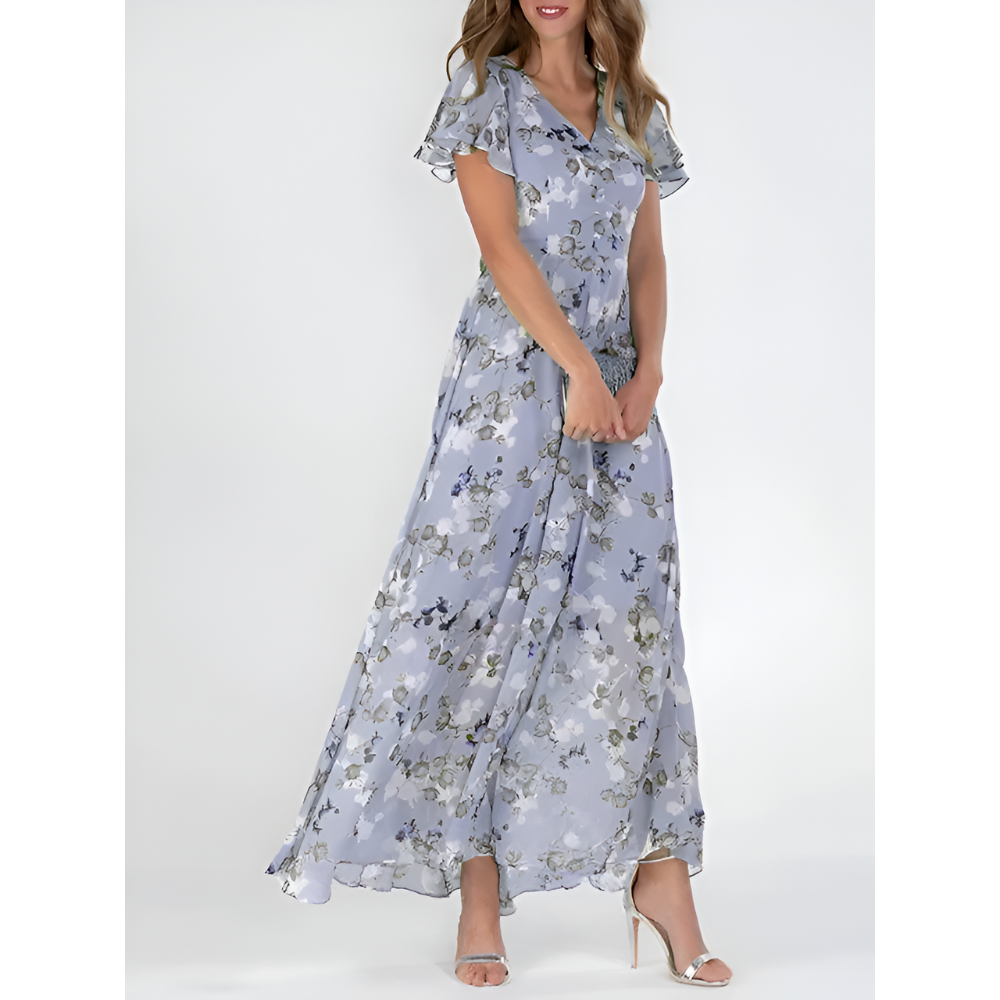 Vestido longo feminino elegante com decote em V e mangas fluídas