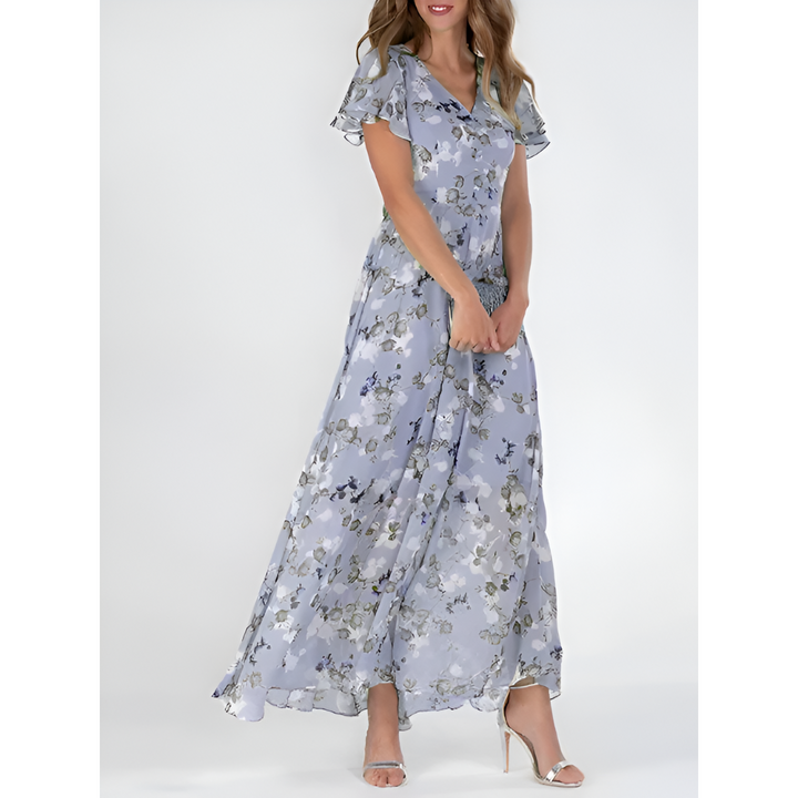 Vestido longo feminino elegante com decote em V e mangas fluídas