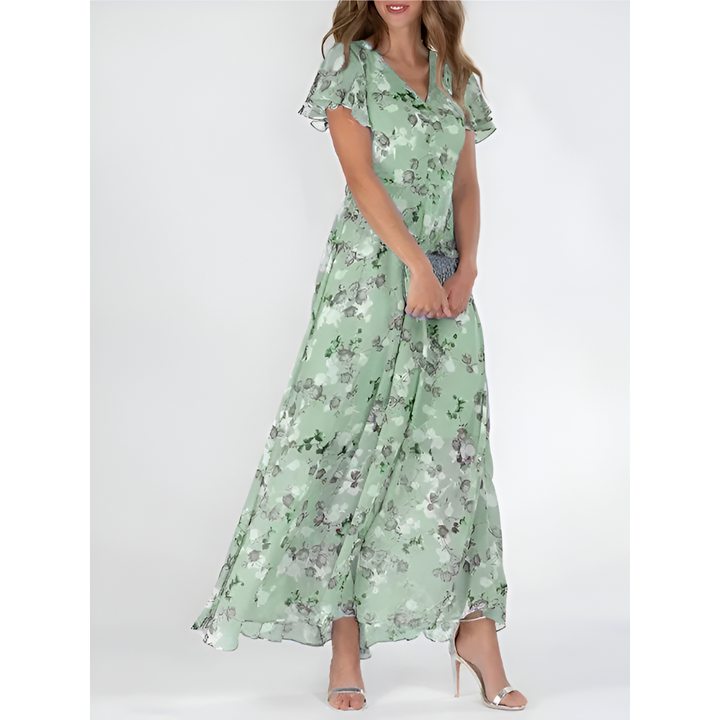Vestido longo feminino elegante com decote em V e mangas fluídas