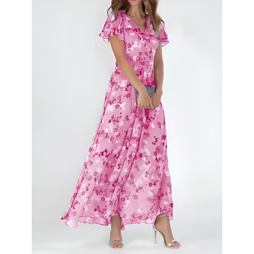 Vestido longo feminino elegante com decote em V e mangas fluídas