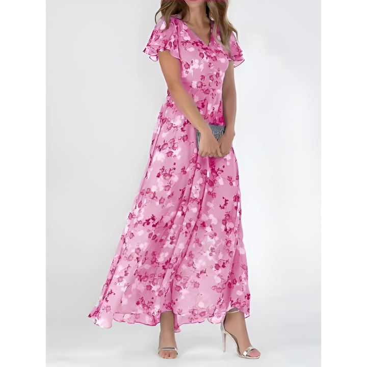 Vestido longo feminino elegante com decote em V e mangas fluídas