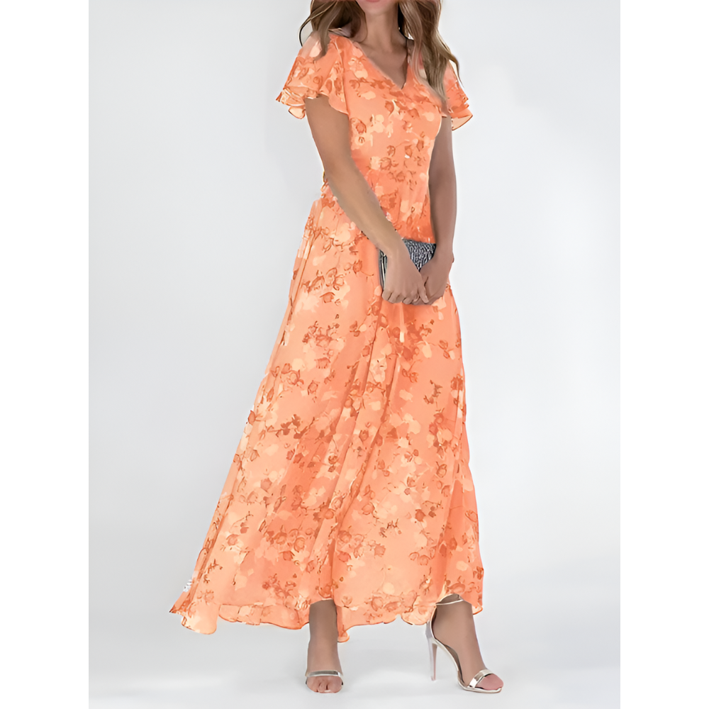 Vestido longo feminino elegante com decote em V e mangas fluídas