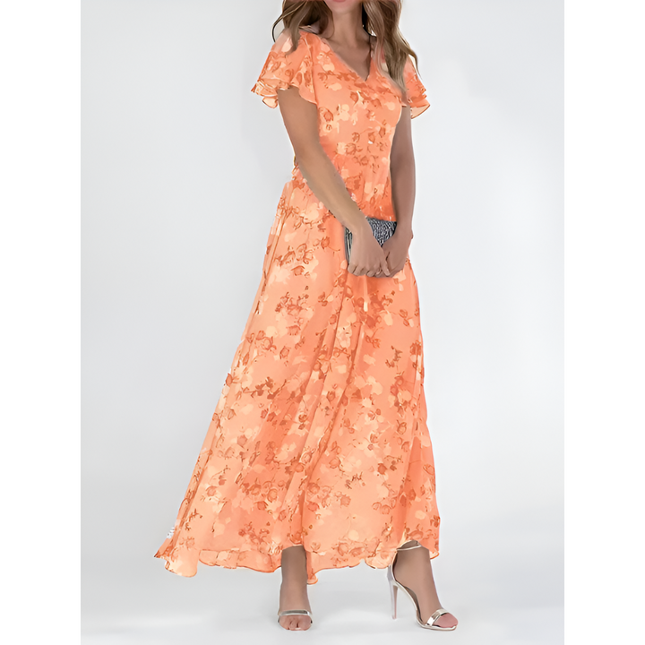 Vestido longo feminino elegante com decote em V e mangas fluídas