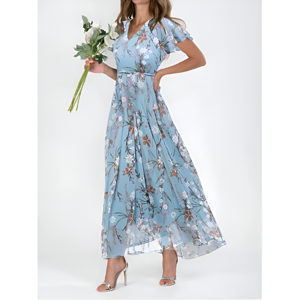 Vestido longo feminino elegante com decote em V e mangas fluídas
