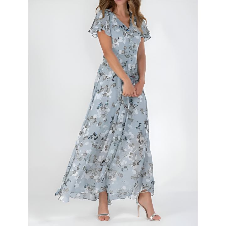 Vestido longo feminino elegante com decote em V e mangas fluídas