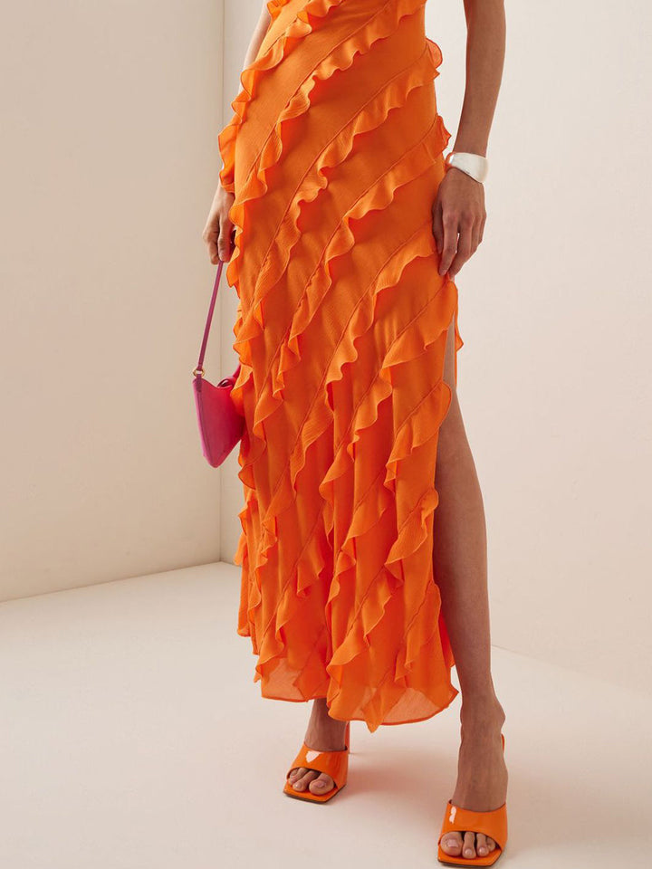 Women's maxi dress with ruffles on straps