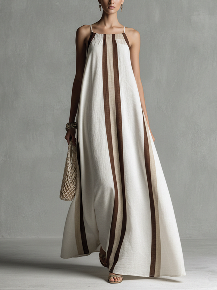 Women's Minimalist Style Beige And Brown Striped White Cotton Linen Slip Dress