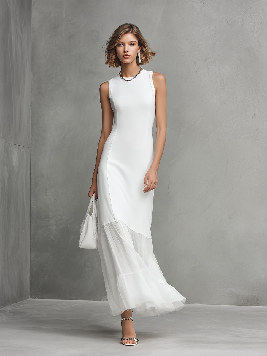Robe élégante blanche sans manches pour femme avec panneaux en soie lactée et mousseline