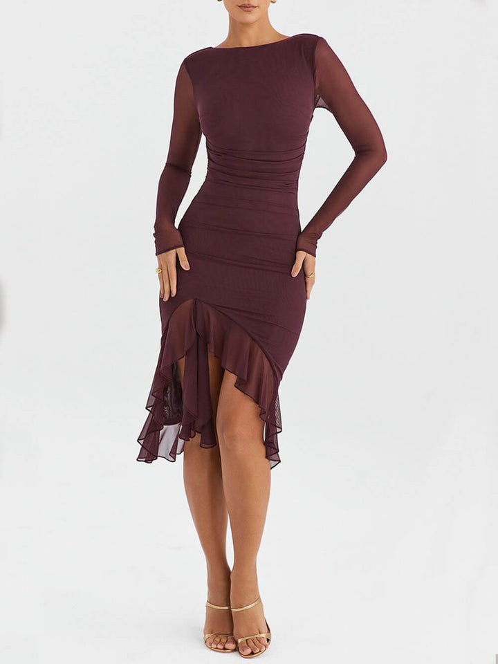 Vestido Midi Feminino com Mangas Longas e Babado