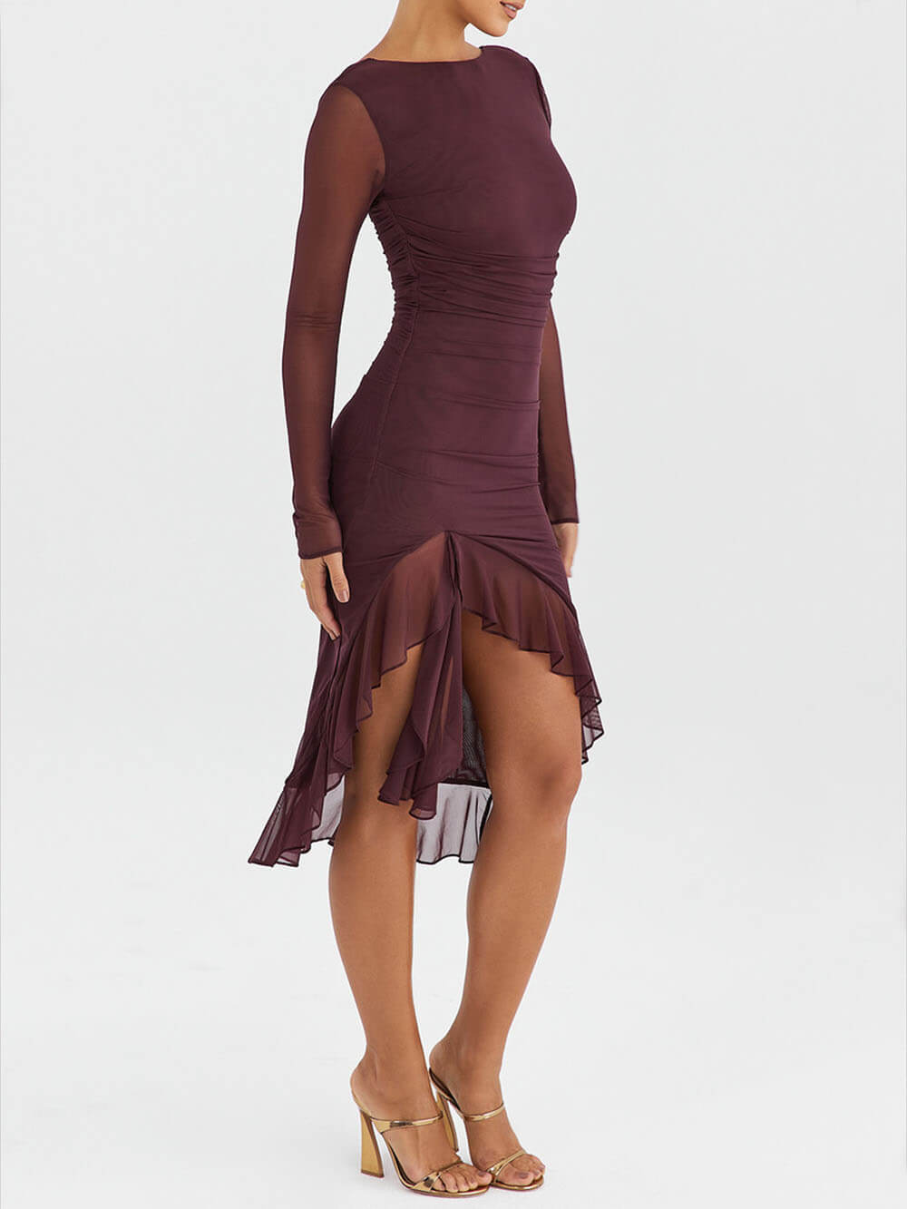 Vestido Midi Feminino com Mangas Longas e Babado