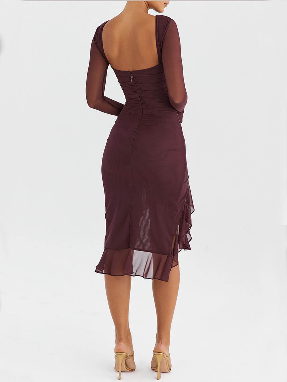Vestido Midi Feminino com Mangas Longas e Babado