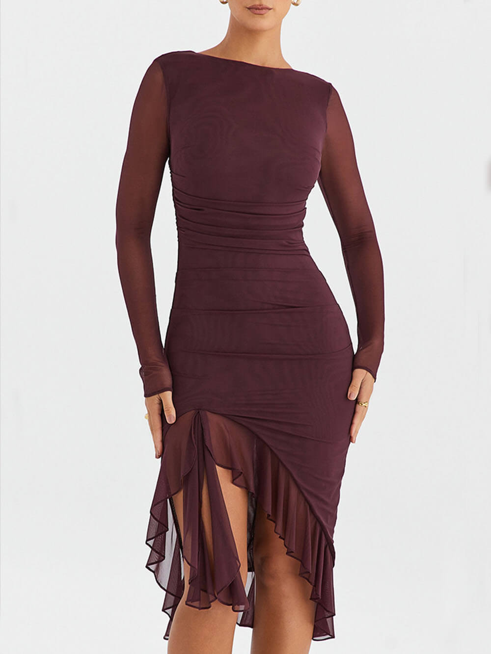 Vestido Midi Feminino com Mangas Longas e Babado