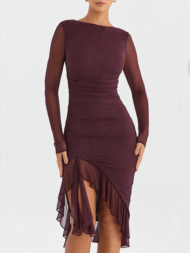 Vestido Midi Feminino com Mangas Longas e Babado