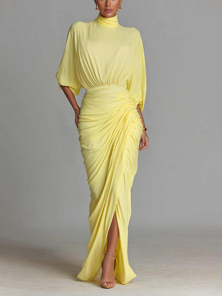 Vestito lungo da donna in misto tessuto, colore giallo brillante, con drappeggio, comodo