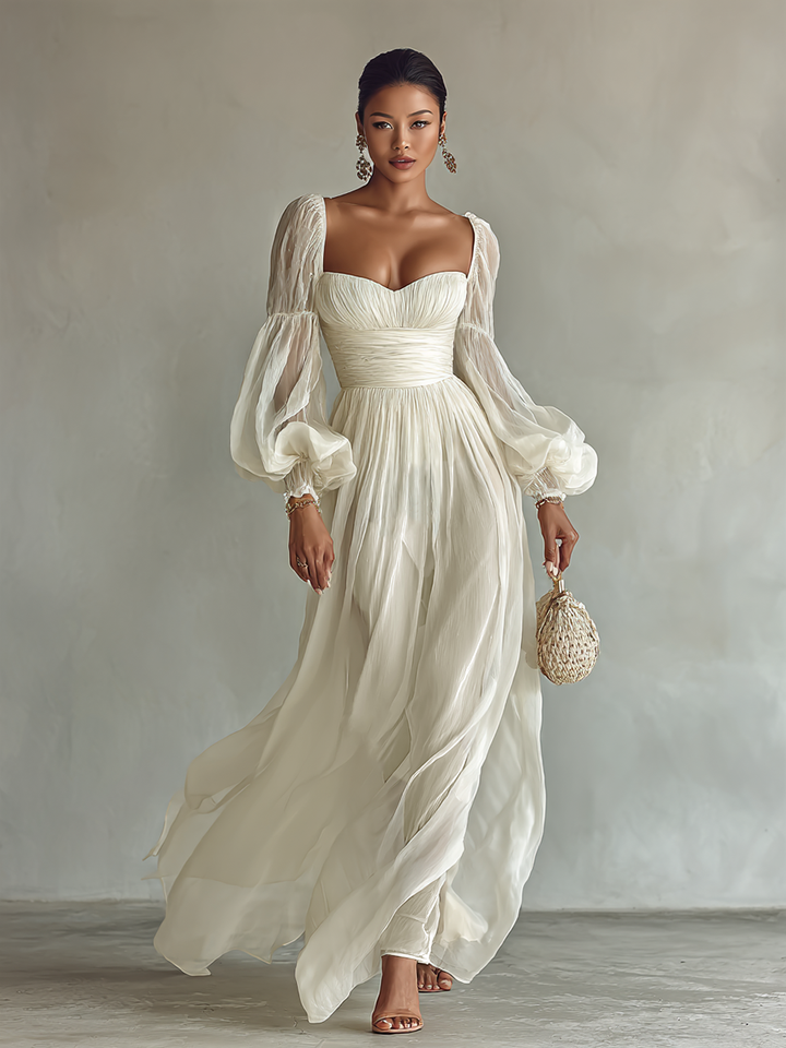 Vestido Longo Feminino de Chiffon com Decote Quadrado e Manga Longa na Cintura