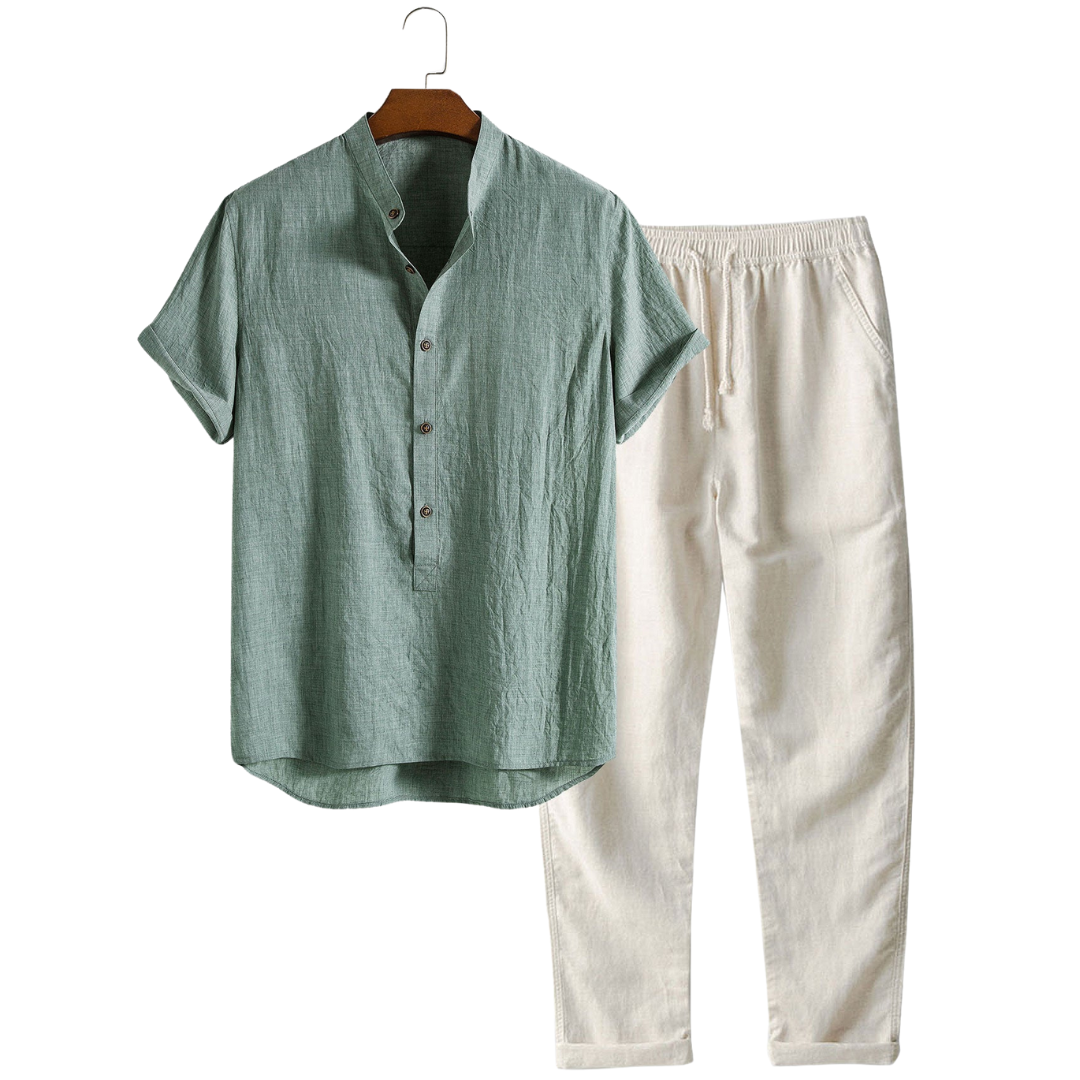 Men’s Linen-Look Set – Shirt & Straight Pants, Airy Fit
