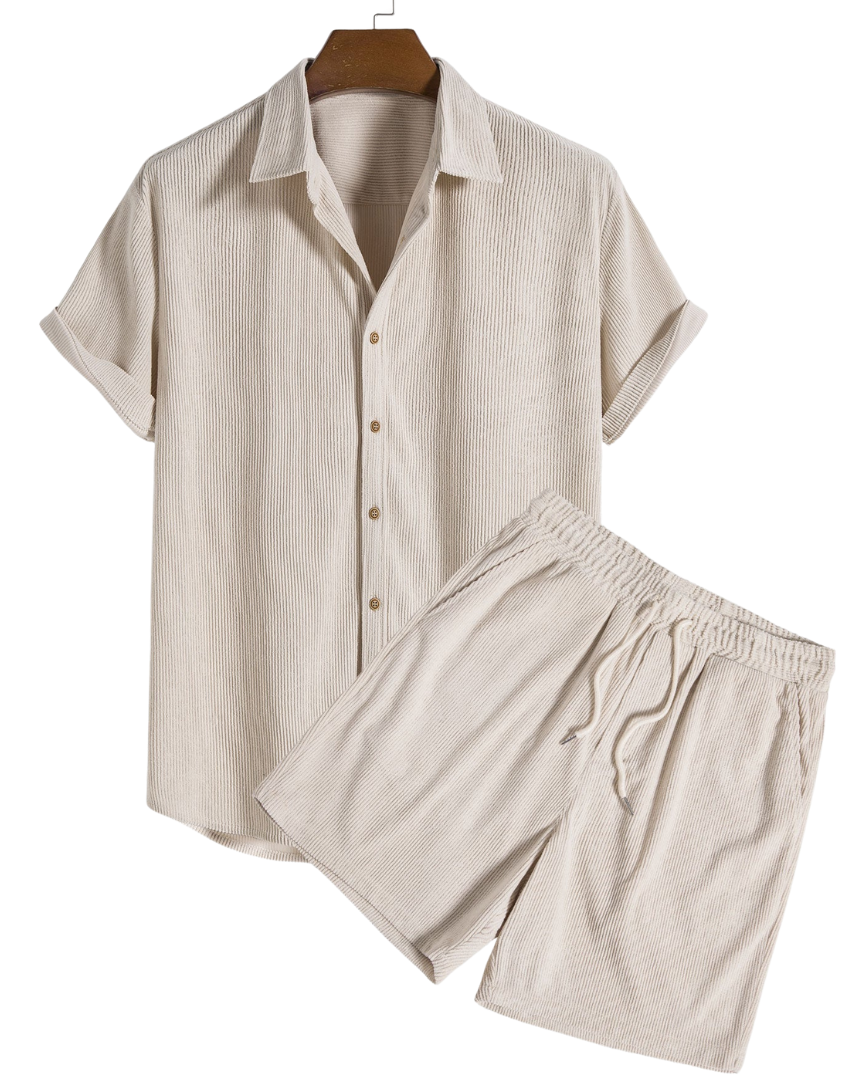 Conjunto Masculino de Dois Peças para Verão – Design Canelado Arejado e Ajuste Confortável