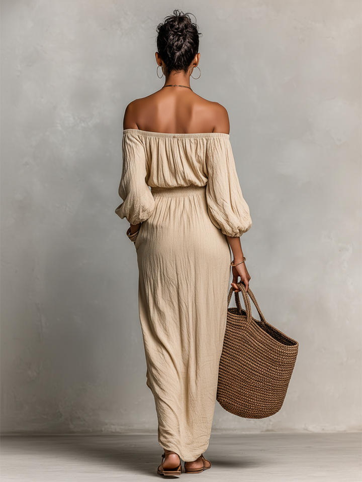 Women's Beige Textured Dress With Off-Shoulder Neckline & Ruched Waist, Timeless Boho-Chic Style Dress