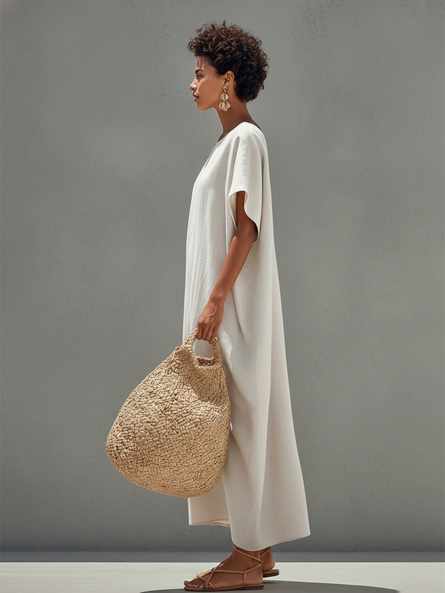 Women's White Linen Dress With Relaxed Fit & Minimalist Design, Timeless Resort-Casual Style Dress