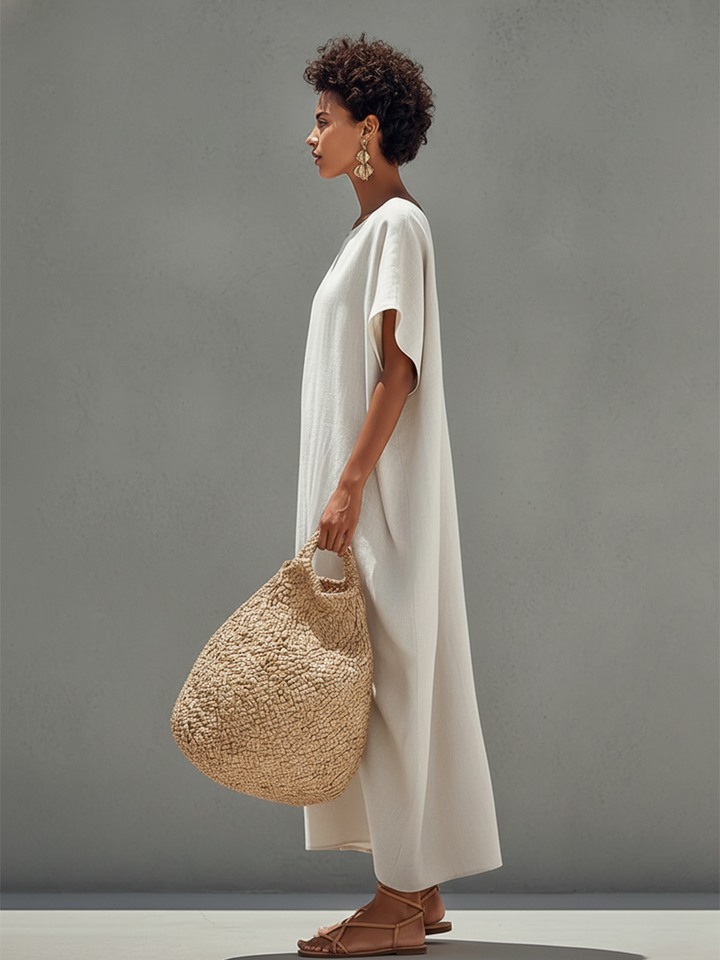 Women's White Linen Dress With Relaxed Fit & Minimalist Design, Timeless Resort-Casual Style Dress