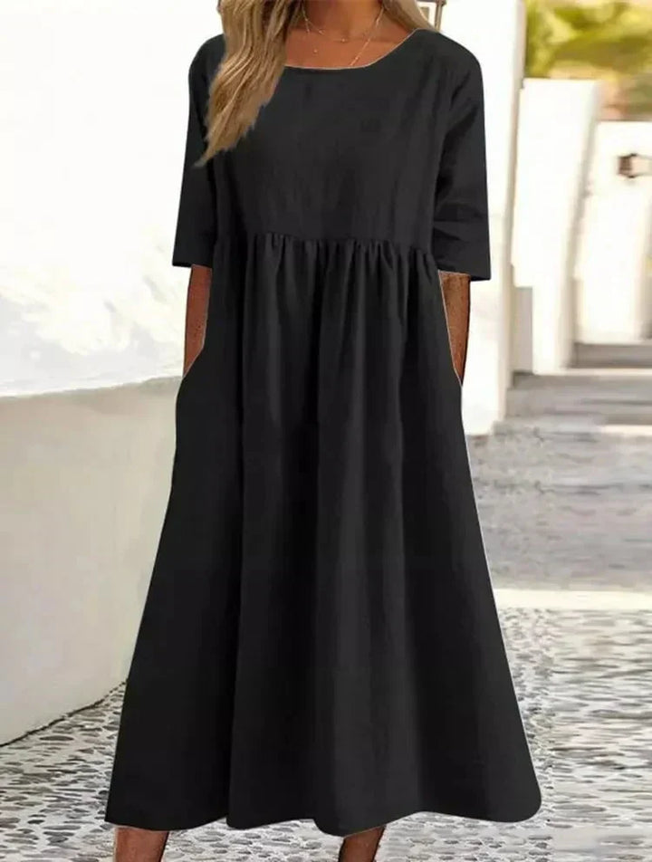 Women’s Relaxed Midi Dress with Round Neck and Short Sleeves
