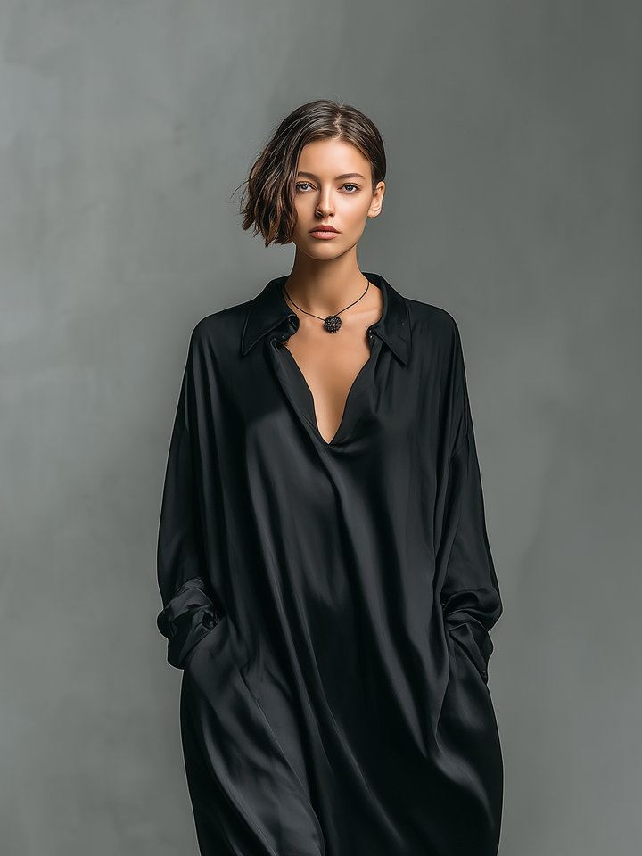 Women's Fashionable Casual Black Glossy Satin Long-sleeved Loose-fitting Maxi Dress With Pockets