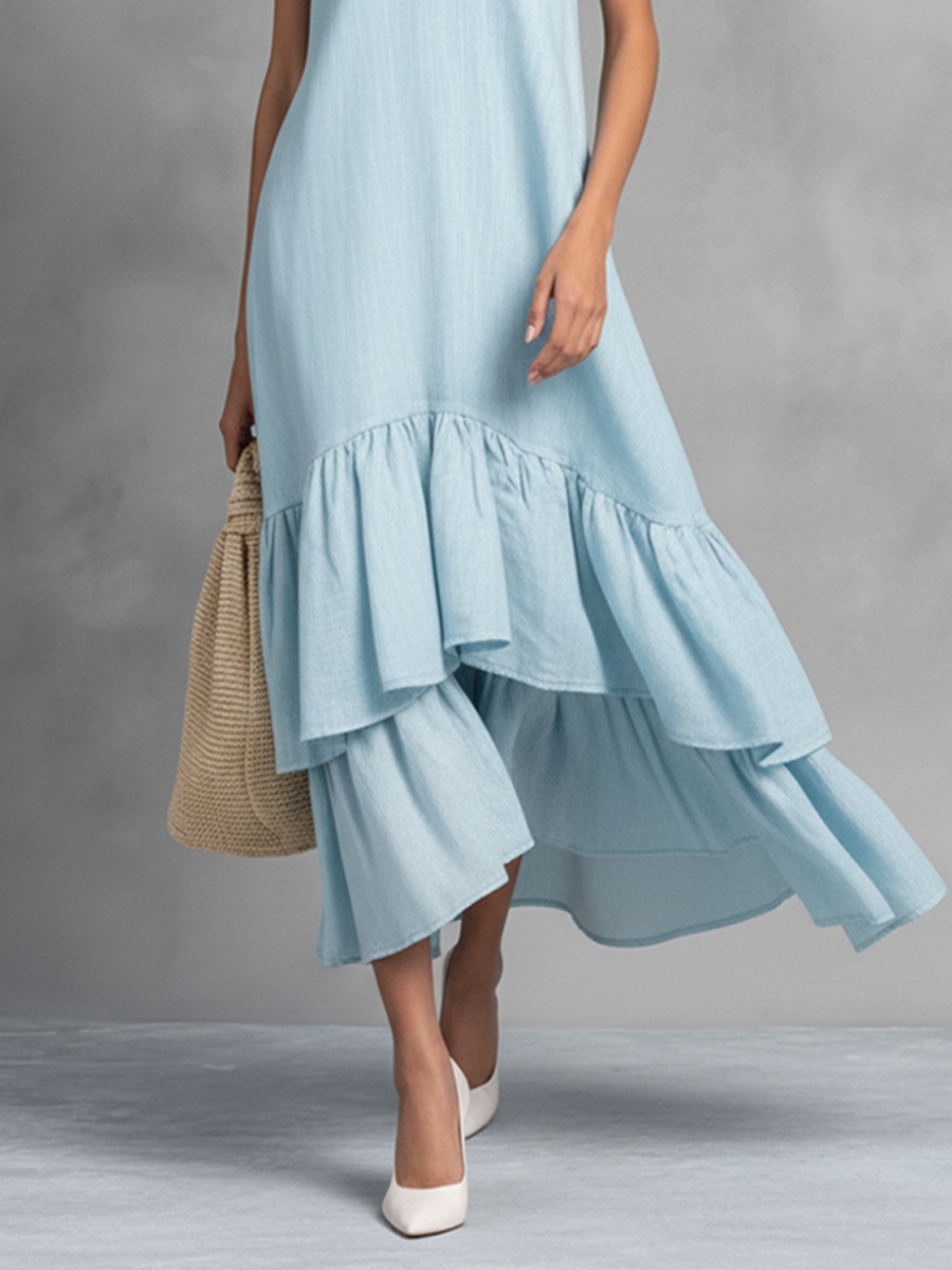 Vestido Longo Feminino Azul Claro em Algodão e Linho, Sem Mangas, Decote V e Barra com Babados