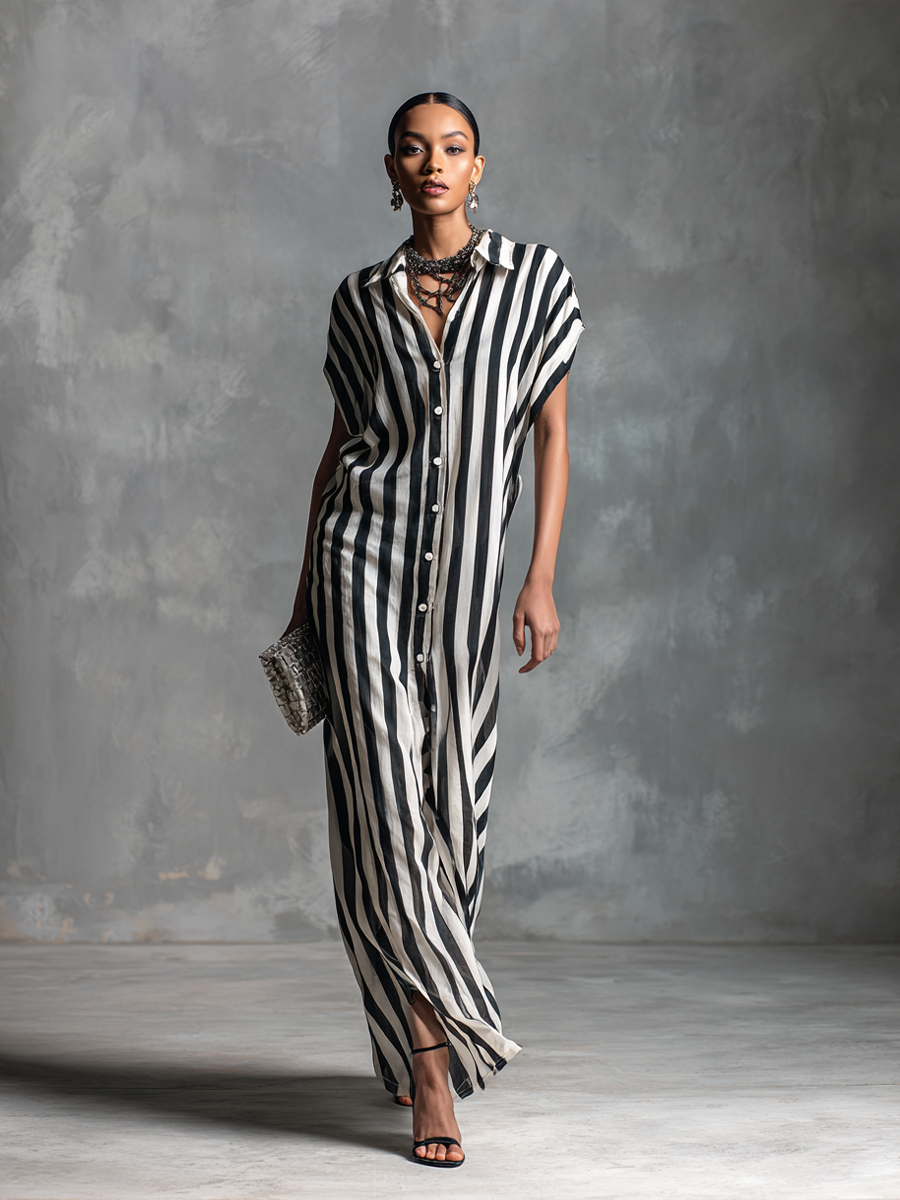 Women's Black And White Striped Sleeveless Shirt Maxi Dress