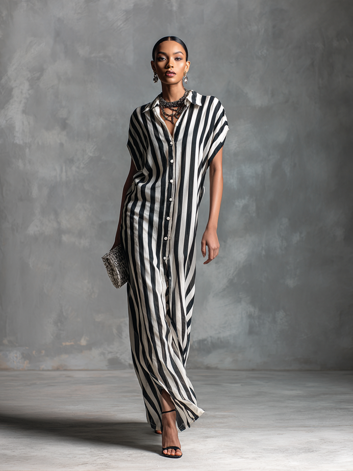 Women's Black And White Striped Sleeveless Shirt Maxi Dress